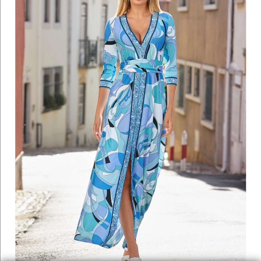 Boston Proper Ocean Abstract Slit Maxi Dress